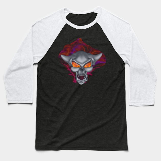 Flaming Demon Skull Baseball T-Shirt by Wakingdream